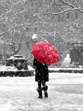 Woman walking on a snowy day with a red umbrella.