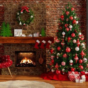 A holiday photo of a Christmas tree in a living room next to a fireplace